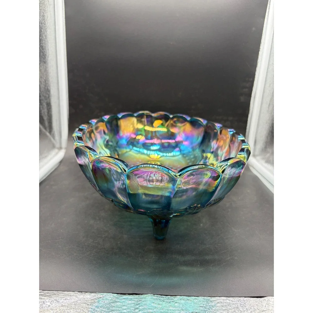 Vintage Indiana Glass Harvest Grape Blue Carnival Glass Footed Oval Bowl 12.5in